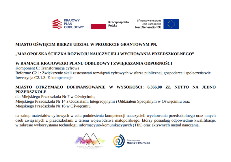 OŚWIĘCIM.MAŁOPOLSKA ŚCIEŻKA ROZWOJU NAUCZYCIELI WYCHOWANIA PRZEDSZKOLNEGO